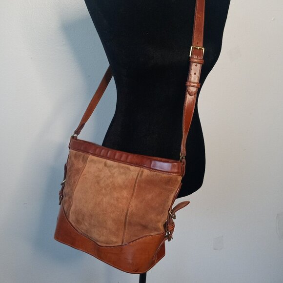 Vintage FELISI x ANN TAYLOR Tan Suede and Leather Crossbody Bag - Picture 1 of 16